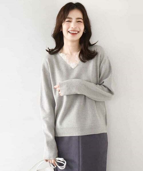 OFUON / オフオン ニット・セーター | Vネックレース片畦編みニット/洗える/WEB限定サイズあり | 詳細1