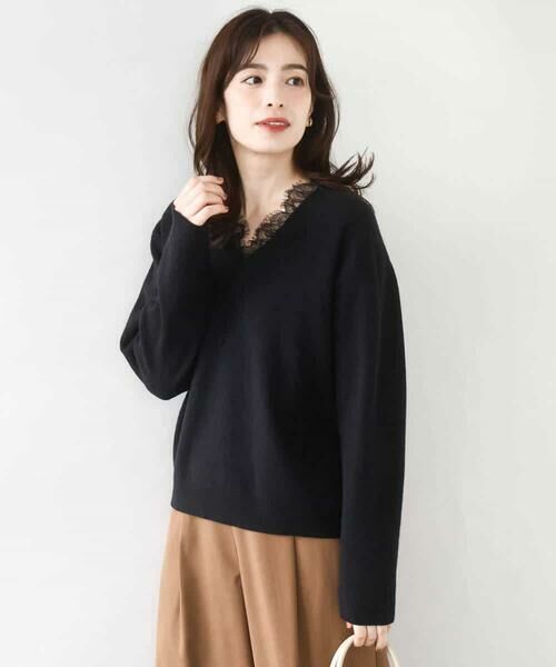 OFUON / オフオン ニット・セーター | Vネックレース片畦編みニット/洗える/WEB限定サイズあり | 詳細8