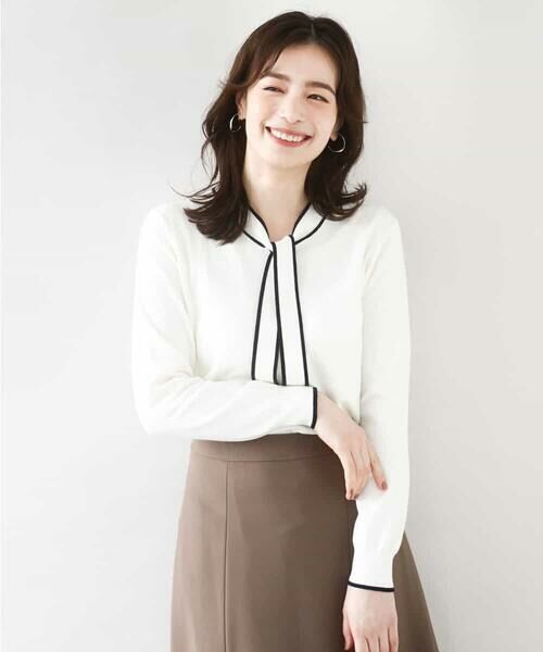 OFUON/オフオン 配色ラインボウタイニット/洗える/WEB限定サイズあり ホワイト M OFUON/オフオン 配色ラインボウタイニット/洗える/WEB限定サイズあり ホワイト M