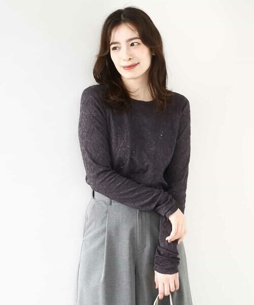 OFUON/オフオン シャーリングデザインレースカットソー/洗える/WEB限定サイズあり ダークグレー S