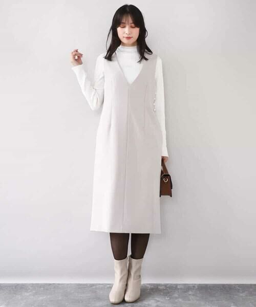 OFUON / オフオン ロング・マキシ丈ワンピース | サイドパール調釦デザインVネックジャンパースカート/洗える/WEB限定サイズあり | 詳細7