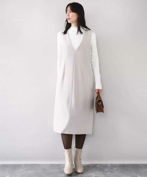 OFUON / オフオン ロング・マキシ丈ワンピース | サイドパール調釦デザインVネックジャンパースカート/洗える/WEB限定サイズあり | 詳細8