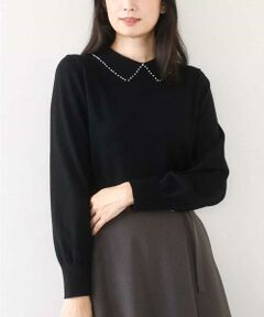 OFUON / オフオン ニット・セーター | パール調ビーズ衿付きハイゲージニット/洗える