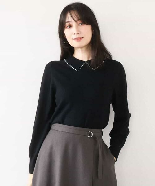 OFUON / オフオン ニット・セーター | パール調ビーズ衿付きハイゲージニット/洗える | 詳細1