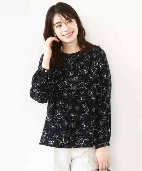 OFUON / オフオン シャツ・ブラウス | ラインフラワーボウタイ風ブラウス/洗える | 詳細1