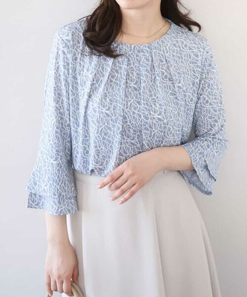 OFUON / オフオン シャツ・ブラウス | カリグラフィープリント フレアー袖ジャージブラウス/洗える/WEB限定サイズあり（ライトブルー）