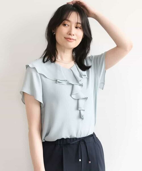 OFUON / オフオン シャツ・ブラウス | フロントフリルVネックブラウス/UVカット/接触冷感/速乾性/洗濯機で洗える/WEB限定サイズあり（ミント）