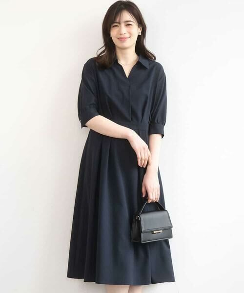 OFUON / オフオン ロング・マキシ丈ワンピース | 六分袖スキッパーワンピース/UVカット/洗濯機で洗える/WEB限定サイズあり（ネイビー）