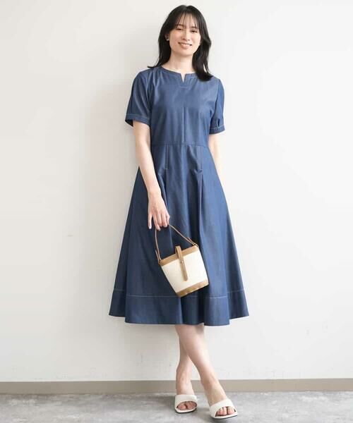 OFUON / オフオン ロング・マキシ丈ワンピース | 配色ステッチ デニムライクワンピース/洗濯機で洗える/WEB限定サイズあり | 詳細5