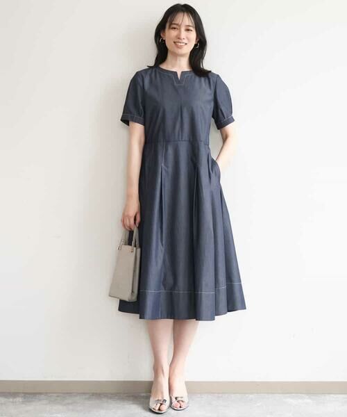 OFUON / オフオン ロング・マキシ丈ワンピース | 配色ステッチ デニムライクワンピース/洗濯機で洗える/WEB限定サイズあり（ネイビー）