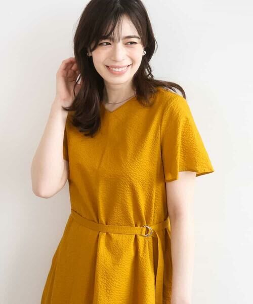 OFUON / オフオン ロング・マキシ丈ワンピース | VネックAラインシルエットワンピース/洗える/WEB限定カラーサイズあり（イエローオレンジ）