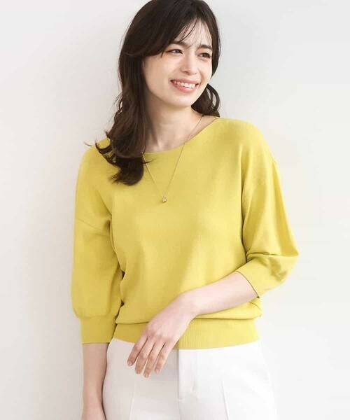 OFUON / オフオン ニット・セーター | ハイゲージボートネック五分袖ニット/接触冷感/洗える/WEB限定サイズあり（イエロー）