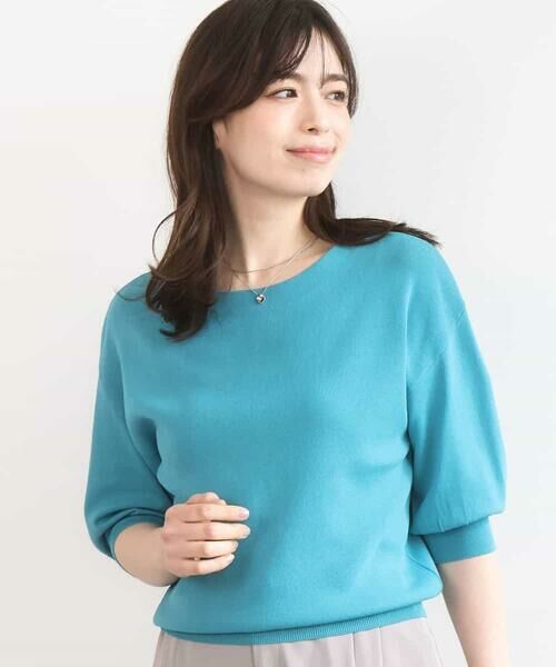 OFUON / オフオン ニット・セーター | ハイゲージボートネック五分袖ニット/接触冷感/洗える/WEB限定サイズあり（ターコイズブルー）