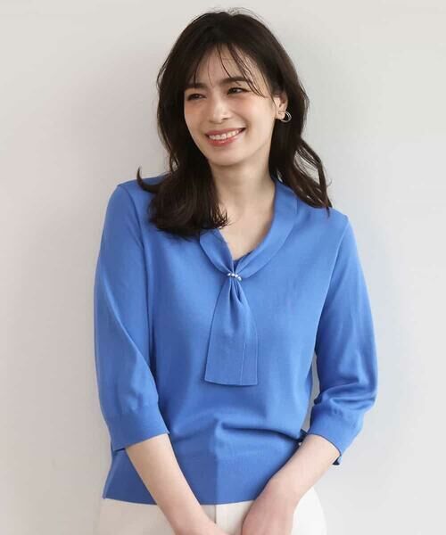 OFUON / オフオン ニット・セーター | ボウタイデザイン六分袖ニット/接触冷感/洗える/WEB限定サイズあり（ブルー）