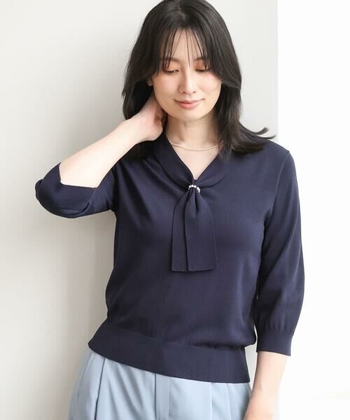 OFUON / オフオン ニット・セーター | ボウタイデザイン六分袖ニット/接触冷感/洗える/WEB限定サイズあり（ネイビー）