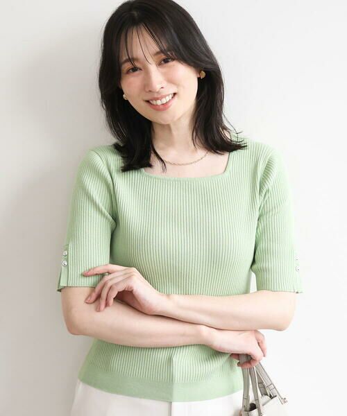 OFUON / オフオン ニット・セーター | スパークナイロン半袖ニット/洗える/アンサンブル対応/WEB限定サイズあり（ライトグリーン）