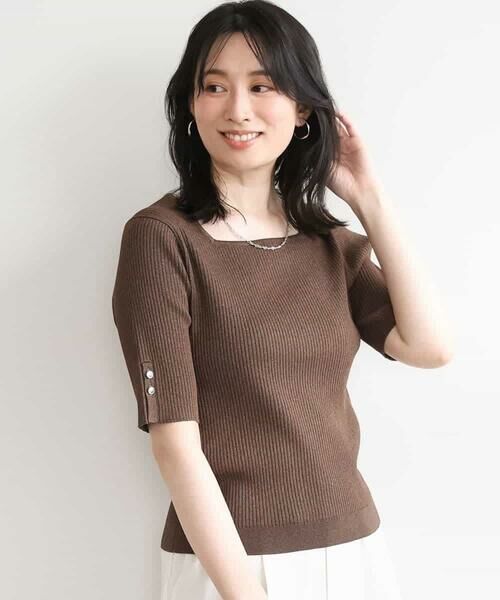 OFUON / オフオン ニット・セーター | スパークナイロン半袖ニット/洗える/アンサンブル対応/WEB限定サイズあり（ブラウン）