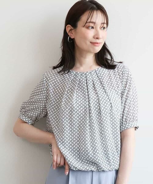 OFUON / オフオン シャツ・ブラウス | バルーンヘム幾何柄ブラウス/UVカット/接触冷感/洗濯機で洗える/WEB限定サイズあり（ホワイト）