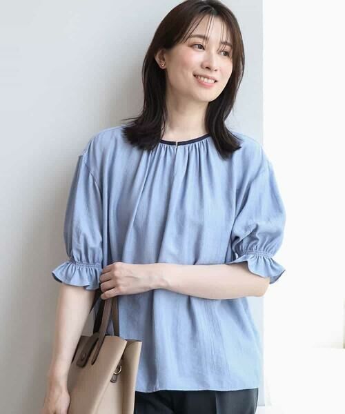 OFUON / オフオン シャツ・ブラウス | 配色パイピング楊柳ブラウス/洗える/WEB限定サイズあり（ライトブルー）