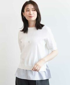 OFUON / オフオン ニット・セーター | レイヤード風ストライプ切替ニットプルオーバー/UVカット/接触冷感/洗える/WEB限定サイズあり