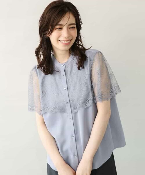 OFUON / オフオン シャツ・ブラウス | レース切替半袖ブラウス/UVカット/接触冷感/洗濯機で洗える/WEB限定サイズあり（グレイッシュブルー）