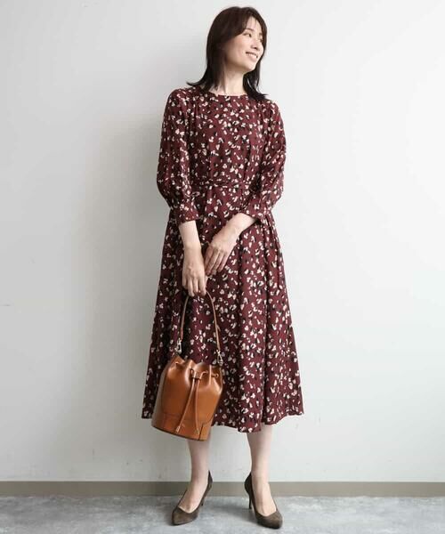 OFUON / オフオン ロング・マキシ丈ワンピース | レオパードフラワーワンピース/洗濯機で洗える/WEB限定サイズあり（ブラウンレッド）