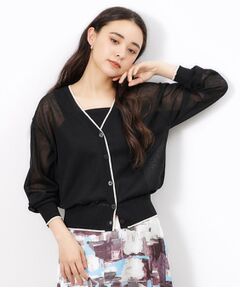 OPAQUE.CLIP / オペーク ドット クリップ カーディガン・ボレロ | 配色ラインVネックシアーカーディガン【洗濯機洗い可】