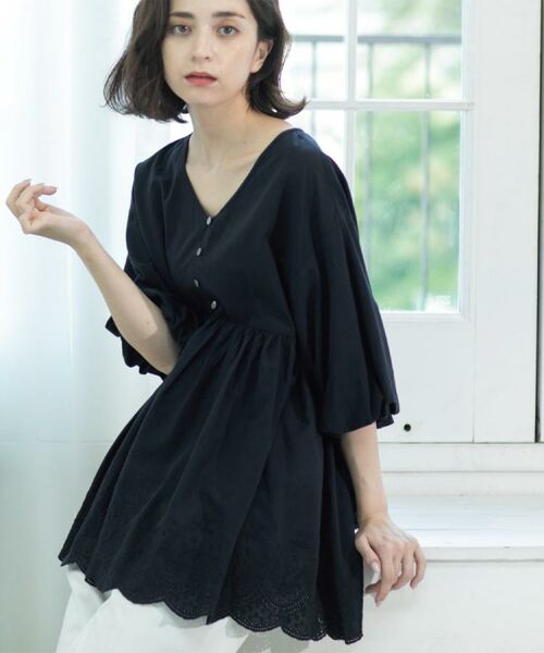 OPAQUE.CLIP / オペーク ドット クリップ シャツ・ブラウス | バルーン袖スカラップ刺繍レースチュニック | 詳細11