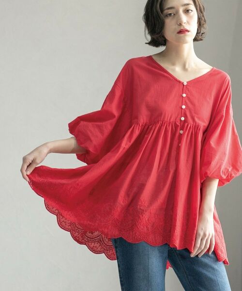 セール】バルーン袖スカラップ刺繍レースチュニック（シャツ