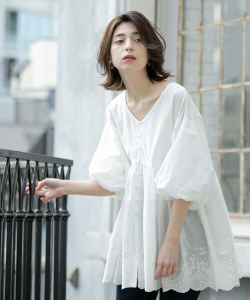 OPAQUE.CLIP / オペーク ドット クリップ シャツ・ブラウス | バルーン袖スカラップ刺繍レースチュニック | 詳細8