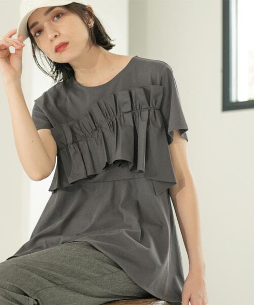 OPAQUE. CLIP/オペーク ドット クリップ フリルドッキングペプラムトップス【接触冷感/洗濯機洗い可】 チャコールグレー(014) 38(M)