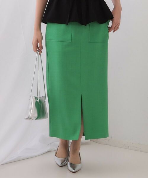 OPAQUE.CLIP / オペーク ドット クリップ ロング・マキシ丈スカート | 《5色展開/S-LLサイズ》リネンライクストレッチタイトスカート【洗濯機洗い可】(グリーン(822))