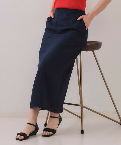 OPAQUE.CLIP / オペーク ドット クリップ ロング・マキシ丈スカート | 《5色展開/S-LLサイズ》リネンライクストレッチタイトスカート【洗濯機洗い可】(ネイビー(894))