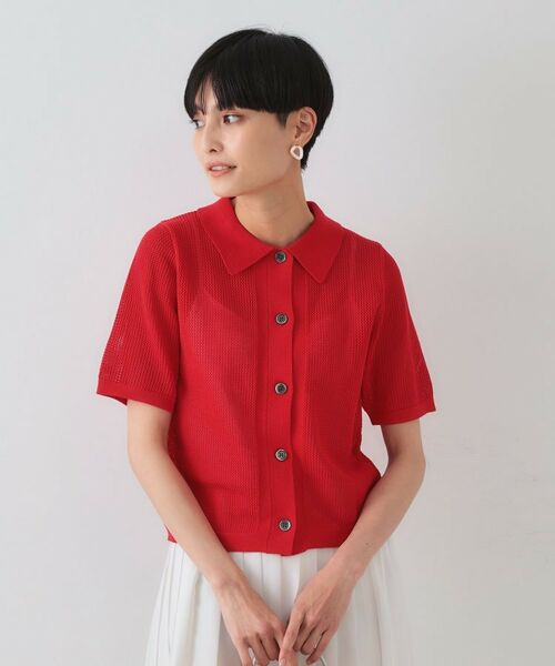 OPAQUE.CLIP / オペーク ドット クリップ ニット・セーター | 《CLASSY掲載》透かし編みポロニット【洗濯機洗い可】(レッド(062))