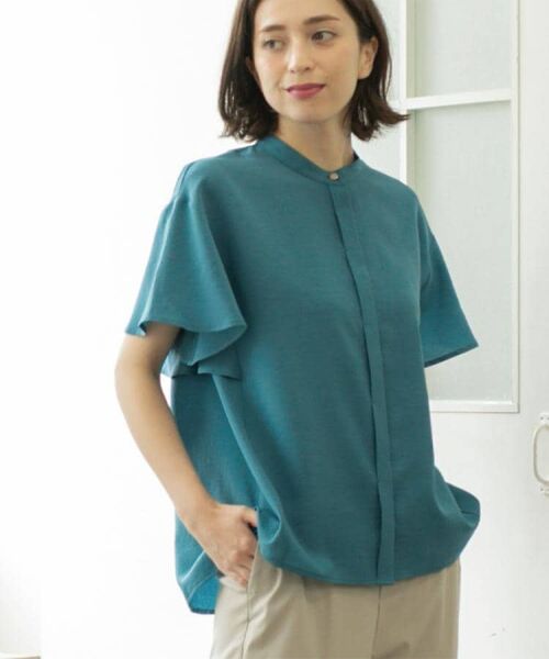 OPAQUE.CLIP / オペーク ドット クリップ シャツ・ブラウス | バックフリルバンドカラーブラウス【洗濯機洗い可/吸水速乾/接触冷感】(ブルーグリーン(097))