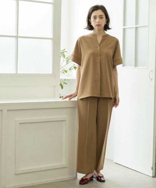 M Deux cl'e プリーツ　ブラウス　襟付き　カーキ　日本製　レキップ forksy.】テープコード刺繍襟付き2WAYボリューム袖ウエスト