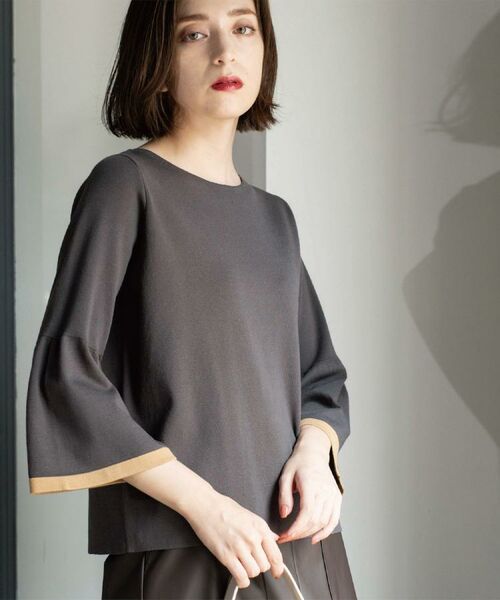 OPAQUE. CLIP/オペーク ドット クリップ 配色フレアスリーブニット【UVケア/洗濯機洗い可】 チャコールグレー(513) 42(LL)