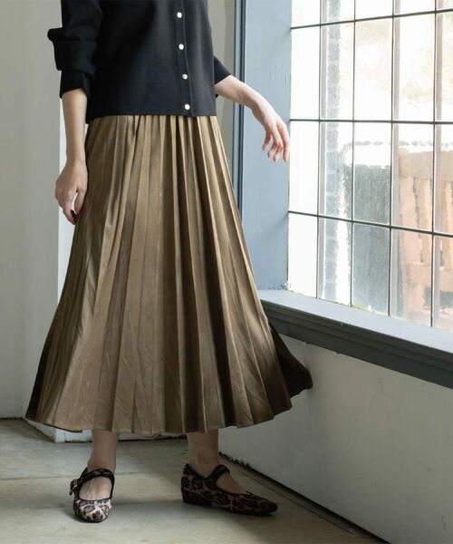 OPAQUE. CLIP/オペーク ドット クリップ フェイクスウェードプリーツスカート【静電気防止加工/洗濯機OK】《6col/S～LL》 カーキ(827) 42(LL)