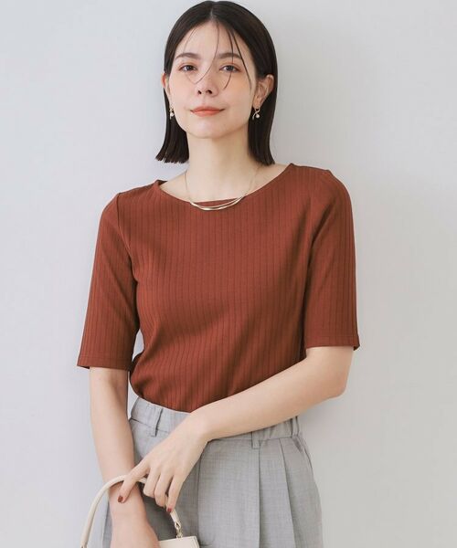 OPAQUE. CLIP/オペーク ドット クリップ 汗染み防止 ボートネックリブカットソー【洗濯機洗い可/抗ピル】 ブラウン(043) 40(L)