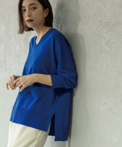 OPAQUE. CLIP/オペーク ドット クリップ Vネックニット/エクストラファインメリノウール【THEシリーズ/洗濯機OK】《6col/S～LL》 ブルー(093) 40(L)