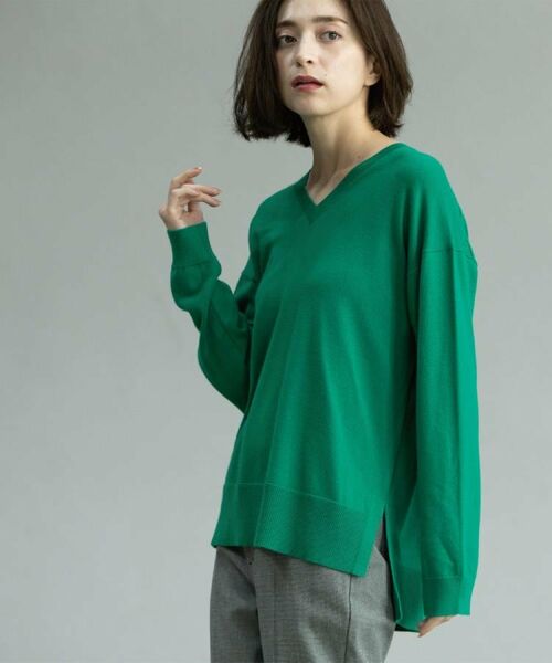 OPAQUE. CLIP/オペーク ドット クリップ Vネックニット/エクストラファインメリノウール【THEシリーズ/洗濯機OK】《6col/S～LL》 グリーン(822) 42(LL)
