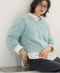 OPAQUE.CLIP / オペーク ドット クリップ ニット・セーター | スパンコールフェザーVネックニット【洗濯機OK】