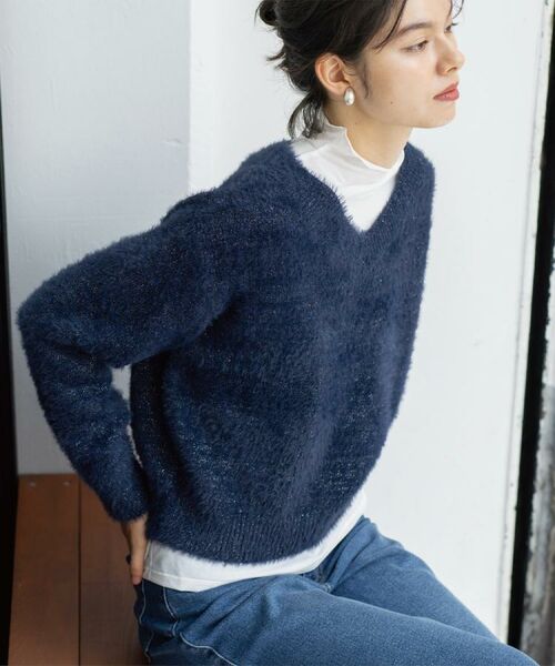 OPAQUE.CLIP / オペーク ドット クリップ ニット・セーター | スパンコールフェザーVネックニット【洗濯機OK】 | 詳細21