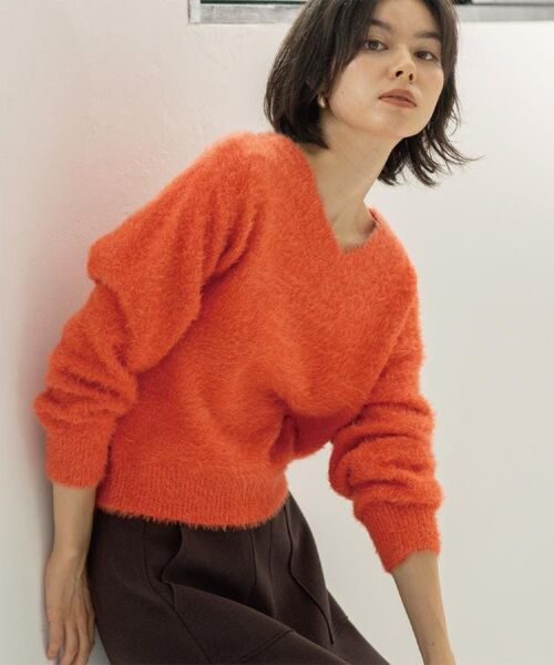 OPAQUE. CLIP/オペーク ドット クリップ スパンコールフェザーVネックニット【洗濯機OK】 オレンジ(667) 36(S)