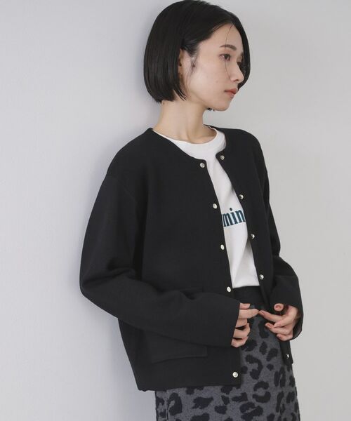 OPAQUE. CLIP/オペーク ドット クリップ スナップボタン ダブルフェイス配色ニットカーディガン【洗濯機OK】 ブラック(019) 42(LL)