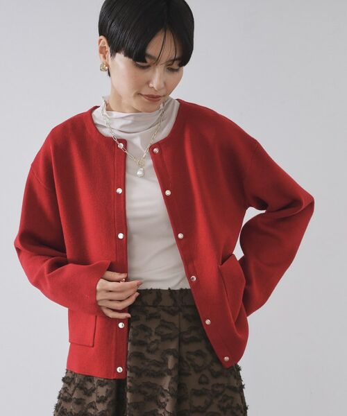 OPAQUE. CLIP/オペーク ドット クリップ スナップボタン ダブルフェイス配色ニットカーディガン【洗濯機OK】 レッド(063) 42(LL)