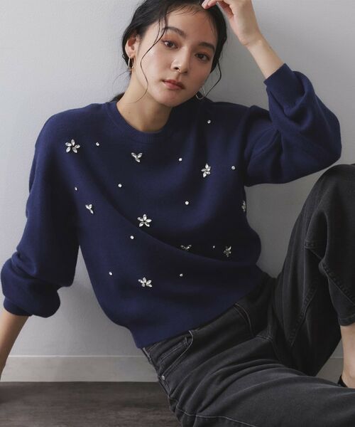 OPAQUE. CLIP/オペーク ドット クリップ ビジューニットトップス【洗える】 ネイビー(094) 42(LL) OPAQUE. CLIP/オペーク ドット クリップ ビジューニットトップス【洗える】 ネイビー(094) 42(LL)