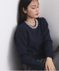 OPAQUE.CLIP / オペーク ドット クリップ ニット・セーター | ビジューネックミドルゲージニット【洗濯機OK】