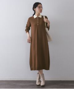 OPAQUE.CLIP / オペーク ドット クリップ ロング・マキシ丈ワンピース | 配色ポロ衿ニットワンピース【洗濯機OK】