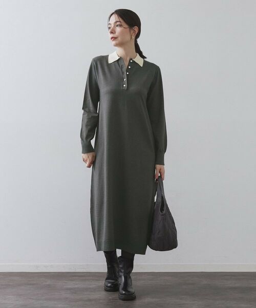 OPAQUE.CLIP / オペーク ドット クリップ ロング・マキシ丈ワンピース | 配色ポロ衿ニットワンピース【洗濯機OK】 | 詳細1